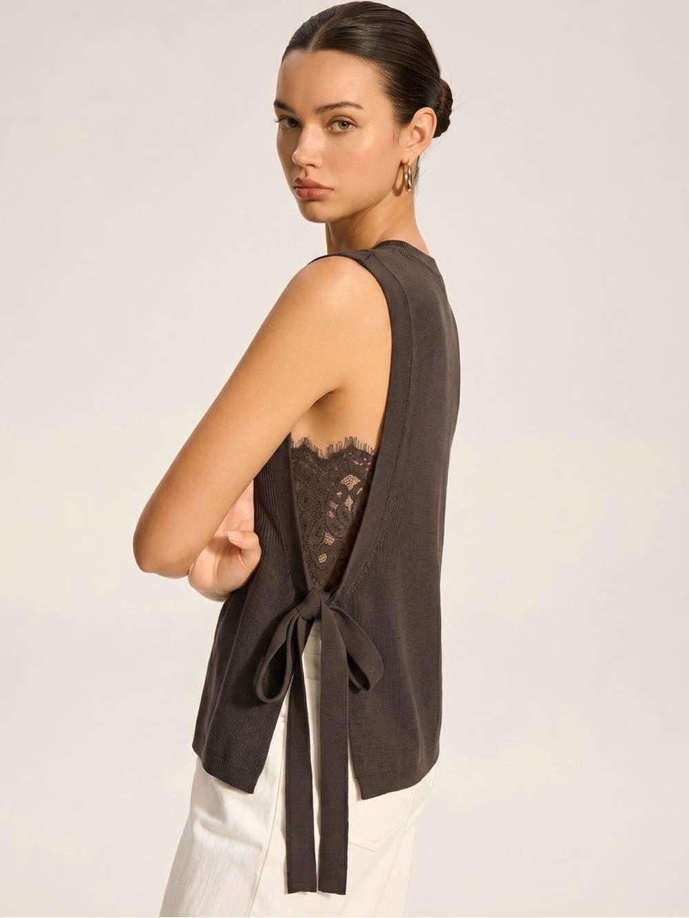 Brown Knit & Lace Top